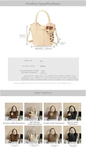 Size chart showing PU leather bucket bag dimensions, weight, and strap options