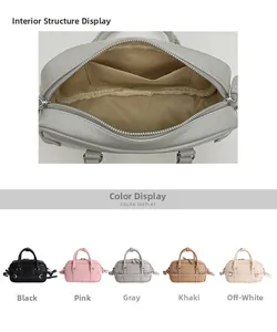 Vue détaillée de l'intérieur du sac Boston et cinq options de couleurs dont le rose