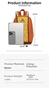 Detail view of nylon drawstring backpack with size comparison and technical specifications