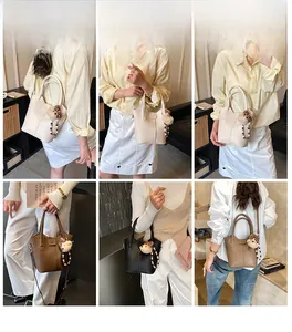 Collage of women carrying soft leather bucket bags in white, brown, and black colors