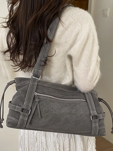 Gray vintage textured tote bag with contrast stitching and Blue Shark logo detail