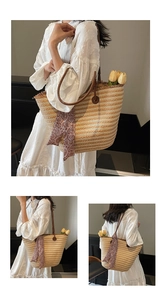 Close-up of woven straw tote bag featuring a striped pattern, fringe edge, and paisley scarf