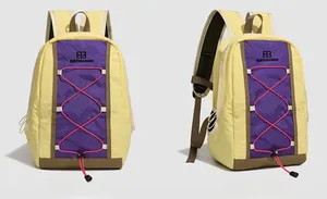 Front and side view of yellow outdoor backpack with purple plaid and pink drawstring
