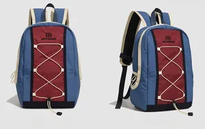 Detail of multi-color drawstring backpack with elastic cords and Northansen logo