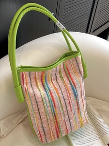 Women Korean Style Canvas Bucket Bag Contrast Color Vertical Stripe Splicing Underarm Bag Large Capacity Casual Shoulder Bag