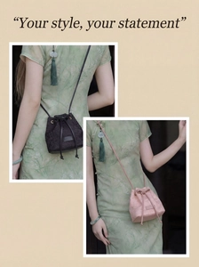 Détail du sac seau chinois brodé avec cordon à nœud en couleurs noir et rose pâle