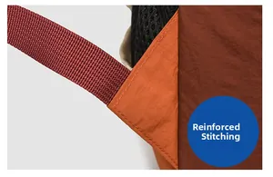 Macro shot of reinforced stitching and breathable mesh on drawstring backpack straps