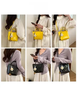Collage of model styling a yellow and black mini bucket bag with floral charms