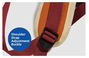 Close-up of adjustable shoulder strap with plastic buckle and burgundy nylon webbing