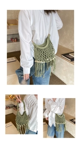 Dettaglio borsa intrecciata verde avocado con nappe, perline di legno e tracolla di perle