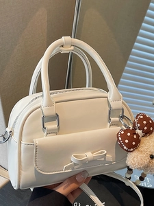 Women Bowknot Decor Bowling Handbag Fashion PU Leather Crossbody Bag With Plush Bear Pendant Minimalist Top Handle Satchel Bag