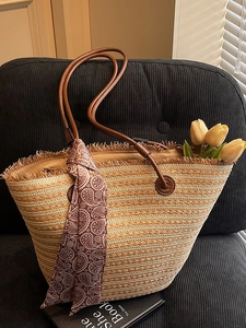 French Style Large Capacity Straw Woven Tote Bag For Women Striped Beach Shoulder Bag With Printed Silk Scarf Tassel Edge Summer Bag