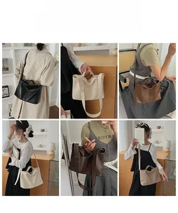Detail shots showing large tote bag in black, white, and brown with adjustable straps