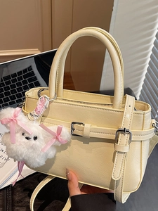Women PU Leather Crossbody Bag Vintage Urban Simple Small Square Bag With Plush Animal Pendant Decorative Buckle Shoulder Bag