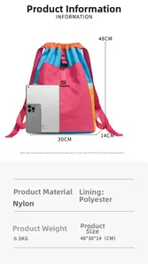 Detailed specs of the nylon drawstring backpack with 48x30x14cm dimensions and weight