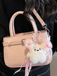 Pink vintage faux leather crossbody square bag with cute plush doll charm for women