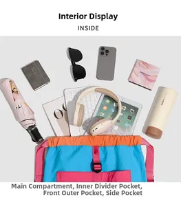 Detail showing high-capacity interior of color-block nylon backpack with various pockets