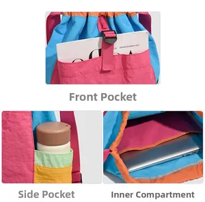 Detail view of colorful nylon backpack with compartments and drawstring closure