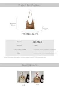 Size chart and specifications for the hollow woven tote bag with fringe details