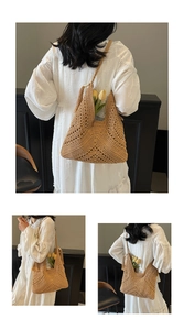 Detailed views of a woven straw beach tote with tassels and a thick rope shoulder strap