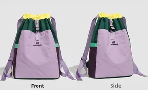 Detailed front and side view of color-block nylon backpack with adjustable buckle strap