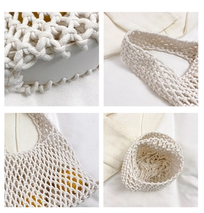 Detailed views of white hollow woven tote bag with reinforced base and mesh texture