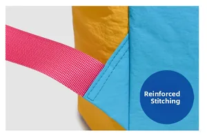 Detail showing bartack reinforcement on colorful nylon backpack shoulder straps