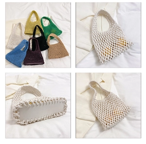 Detailed grid view of hollow mesh knit tote bags in multiple colors with reinforced base