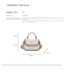 Petit sac bandoulière en cuir PU blanc avec bordure marron montrant les dimensions