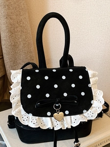Mignon Mini Sac à Dos à Pois avec Dentelle pour Femmes Doux Lolita en Cuir PU Petit Sac de Jour avec Nœud Pendentif Cœur