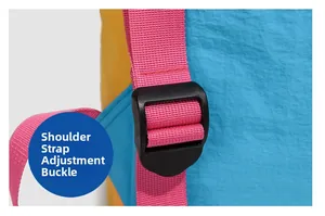 Detail of adjustable pink woven shoulder strap and black plastic buckle on colorful backpack