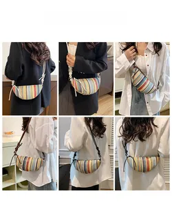 Vues multiples du sac demi-lune bohème tissé coloré porté par un mannequin en studio