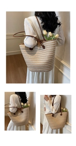 Detailed close-up of woven tote bag featuring beige stripes and bohemian fringe edges