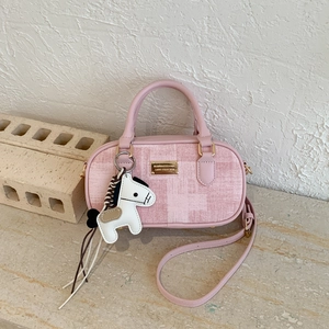 Pink checkered Boston handbag with a small pony charm and detachable shoulder strap