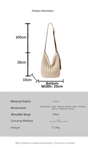 Detailed size chart for the woven tote bag showing dimensions and adjustable strap specs