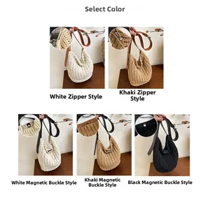 Detail view of woven tote bag in white, khaki and black with zip and magnet closure