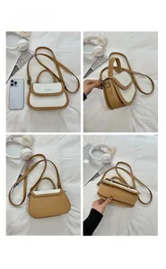 Vues détaillées du sac à bandoulière vintage avec cuir marron et texture litchi chic