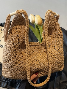 Women Woven Straw Tote Bag Large Capacity Hollow Crochet Knitted Beach Shoulder Bag With Tassel Bohemian Casual Handbag