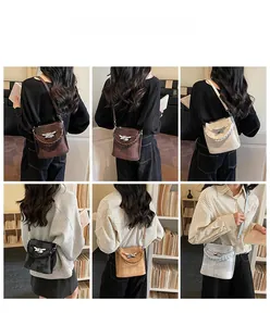 Collage of model showcasing various color bucket bags in stylish outfits and crossbody poses