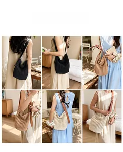 Detail shots of models wearing woven tote bags in black, khaki, and cream colors