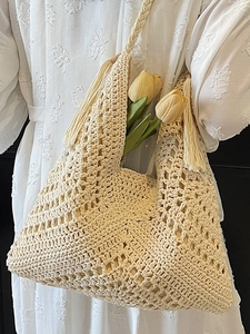Bohemian woven crochet tote bag with fringe tassels and geometric hollow patterns