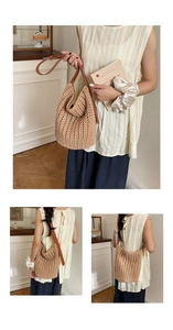 Detail of woven crochet tote bag with brown leather strap and intricate texture