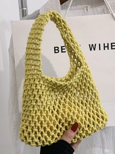 Fashionable bright yellow woven hollow tote bag for women travel and beach outings