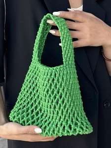 Neon green hand-woven hollow knit tote bag for women featuring a minimalist bucket design