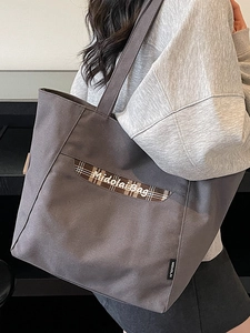 Grand sac cabas tendance en toile gris foncé avec bordure à carreaux marron pour femme