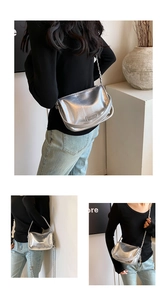 Three views of a silver metallic crossbody bag with chain strap and pleated texture