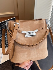 Women Retro PU Leather Checkered Bucket Bag Woven Handle Metal Buckle Shoulder Crossbody Handbag Fashion Commuting Lady Purse