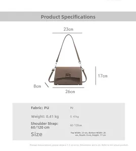Brown PU shoulder bag size diagram with dimensions 26x17x8cm and M buckle detail