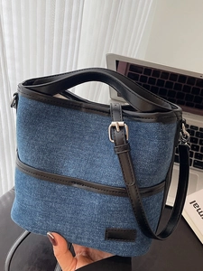 Lässige Canvas Bucket Bag Für Damen Patchwork Handtasche Schultertasche Kontrastfarbe Urban Minimalistische Mode Tote Tasche