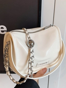 Women Glossy PU Leather Crossbody Bag Minimalist Small Square Shoulder Bag With Metal Ball Chain Strap Fashion Trendy Handbag